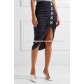 New Fashion Navy Ruched Striped Crepe Midi Skirt DEM/DOM Manufacture Wholesale Fashion Women Apparel (TA5187S)